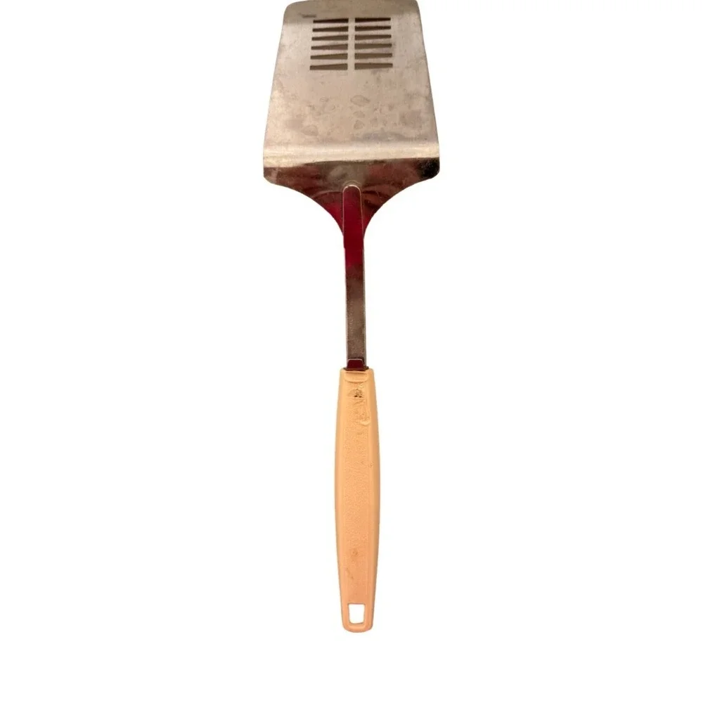 Vintage EKCO USA Slotted Spatula Turner Stainless Steel Tan Plastic Handle MCM